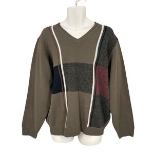 Fusion Academia Sweater Men Brown Preppy Colorblock Wool Blend V Neck Size M